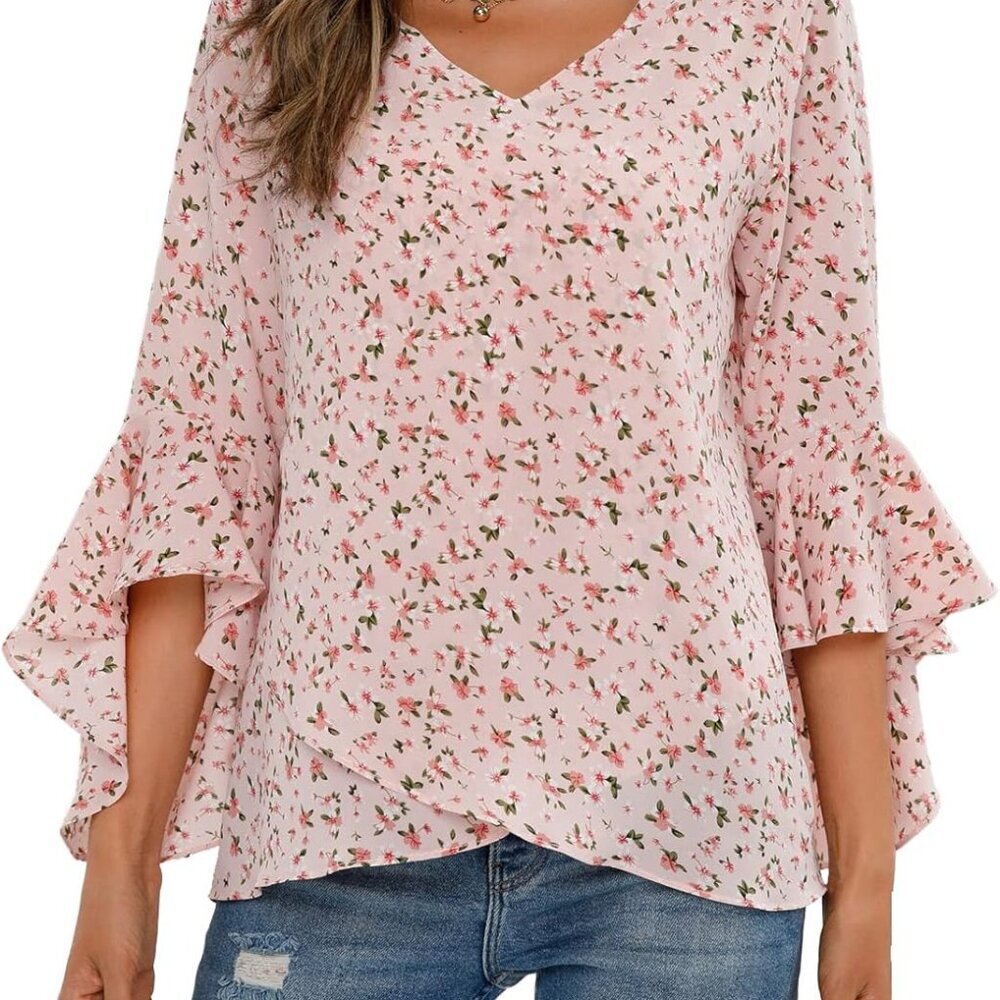 Womens Summer Chiffon Blouses Floral Print V-Neck Bell Sleeve Tops Dressy Casual
